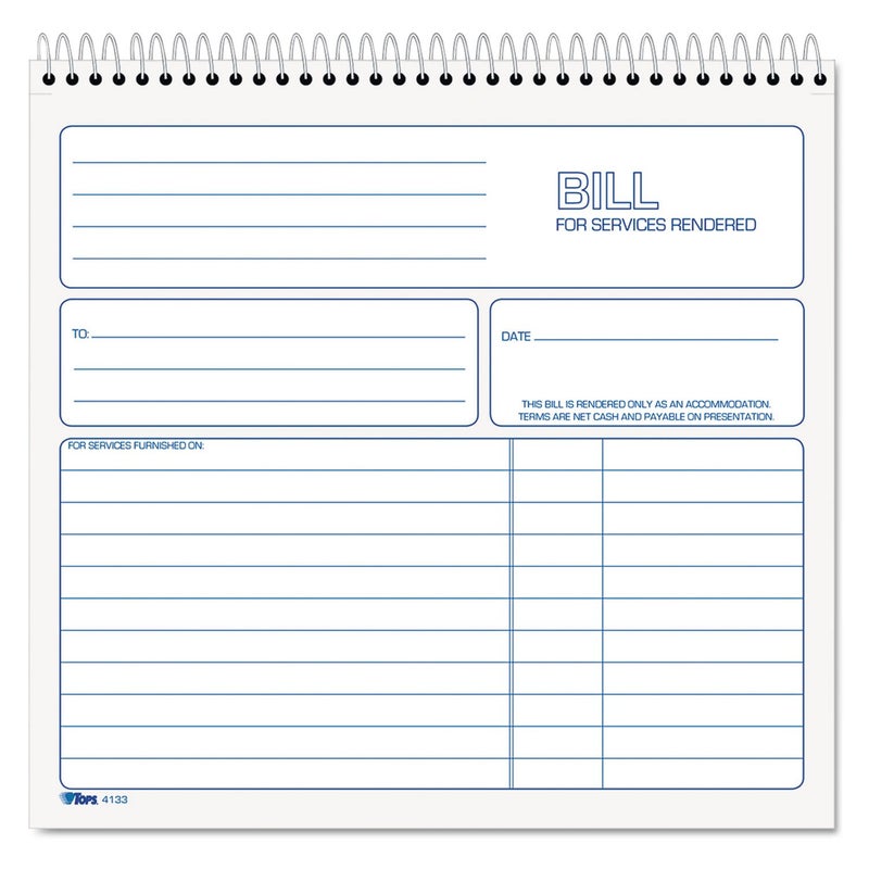 TOPS 2-Part Carbonless Bill for Services Rendered Book, 8.5 x 8.25 Inches, 50 Sheets, White, (4133) - Image 1